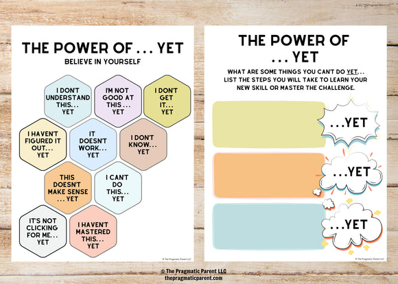 The Power of Yet Growth Mindset Poster and Growth Mindset Worksheet